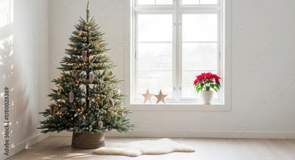 Obraz premium Minimalist Christmas Tree near Bright Window Interior