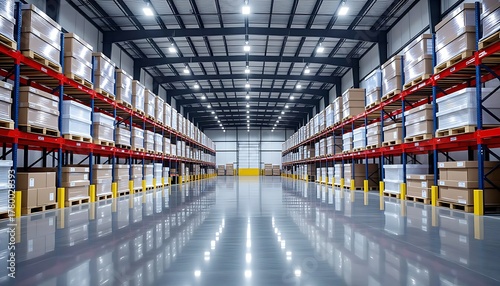 Large storage area in spacious industrial warehouse featuring neatly organized pallets filled with packed goods on shelves illuminated by lighting on polished floor