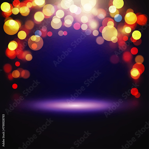 Abstract background with blurred, glowing lights arranged in an arch shape, illuminating a dark stage.