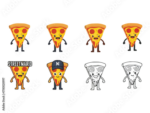 A fun collection of eight vector illustrations featuring a happy pizza slice character (pepperoni/salami) with arms and legs.