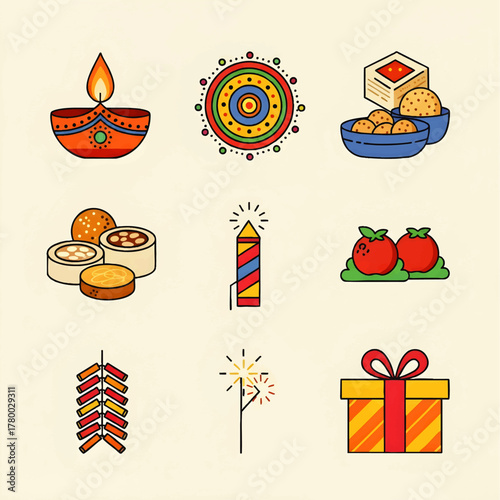 Illustration of Diwali festival icons including a diya lamp, rangoli, sweets, firecrackers, and a gift box on a light background.