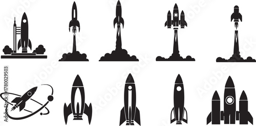 Rocket launch icon set vector silhouettes illustration