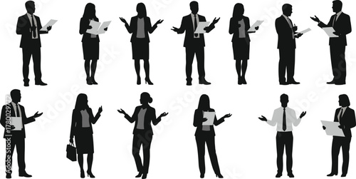 Business team silhouette, corporate discussion vector, professional communication pose, black and white illustration, office attire, teamwork gesture, meeting concept art