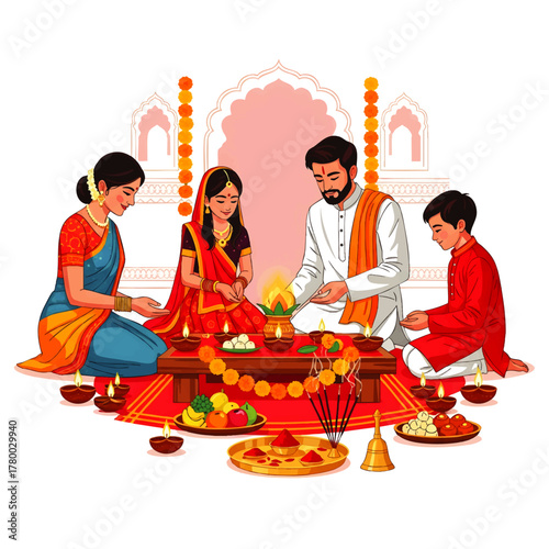 A family of four performs a Hindu puja ceremony with offerings, lamps, and traditional attire in front of an ornate archway.