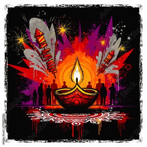 Vibrant illustration of a Diwali celebration with a lit diya, fireworks, and silhouettes of people.