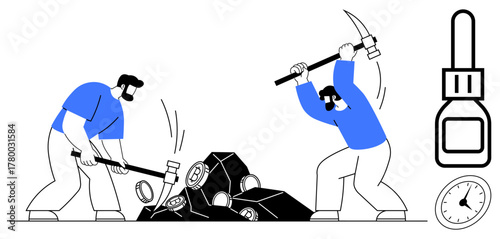 Two workers breaking rocks with tools to extract gems. Nearby, a stopwatch and lock symbolize timing, security, hard work. Ideal for teamwork, labor, persistence, time management effort mining
