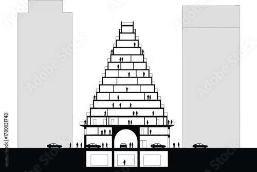 Architectural cross section of a stepped pyramid monument with surrounding skyscrapers