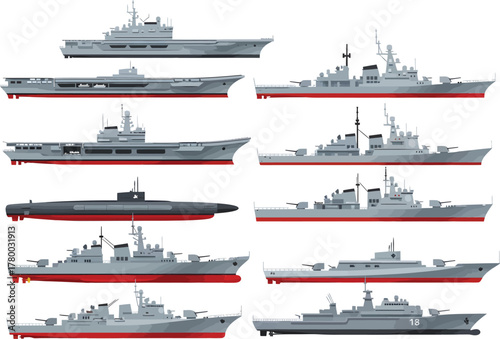 Collection of various modern naval warships and submarines