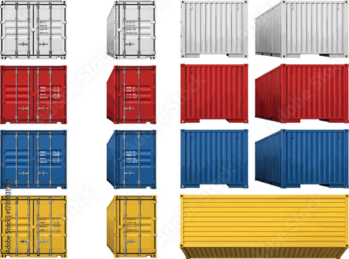 Collection of colorful shipping containers in various sizes and colors