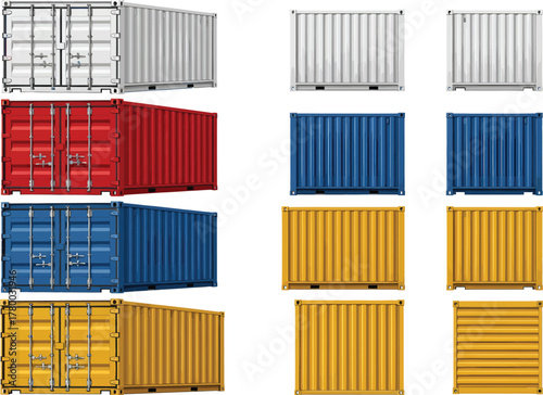 Collection of colorful shipping containers in various sizes and colors