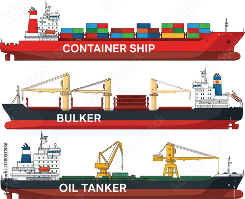 Illustration of three different types of cargo ships container bulker and oil tanker