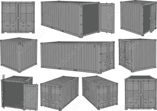 Collection of shipping containers in various angles and configurations
