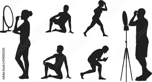 Fitness silhouettes, workout poses, exercise training, stretching, gym activity, healthy lifestyle, body movement, sports routine, wellness, strength, balance, flexibility, endurance, motivation, 