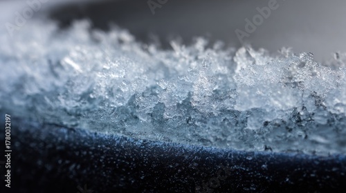 Frosted rim Delicate ice crystals fringe a dark curved edge, shimmering in soft, diffused light