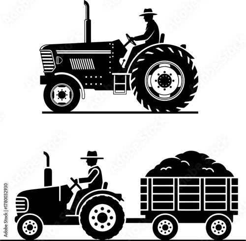 Farming Tractor Silhouettes Set, Farmer Driving Agricultural Vehicle, Modern and Vintage Transport Icons