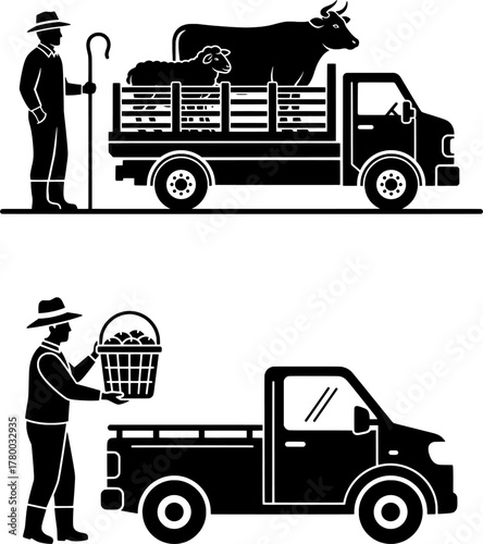 Farm Truck and Farmer Silhouettes Set, Livestock Transportation and Produce Delivery, Agricultural Vehicle Icons