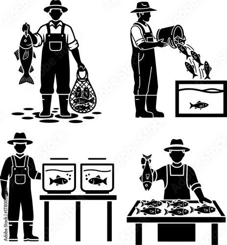 Fisherman and Aquaculture Icons Set, Fish Farming, Catching, Selling, and Market Activities, Glyph Silhouettes
