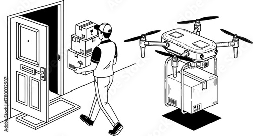 Last Mile Delivery Line Art Illustration, Courier and Drone Delivering Packages to Customer's Door, Modern Logistics