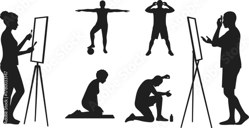 Silhouette people painting on easel, soccer balance pose, meditation, prayer, stress, contemplation, creativity, human emotions, artistic expression, mindfulness, lifestyle, wellness, activity