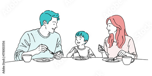 家族（両親と子供）で食事を楽しむイラスト,食卓,団欒,笑顔,線画,ファミリー
