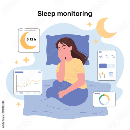 Sleep monitoring technology app with woman sleeping and tracking data