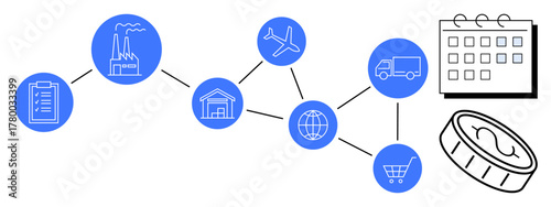 Factory, clipboard, warehouse, airplane, truck, globe, shopping cart, calendar and coin illustrate supply chain logistics global trade planning e-commerce production and budgeting. Ideal