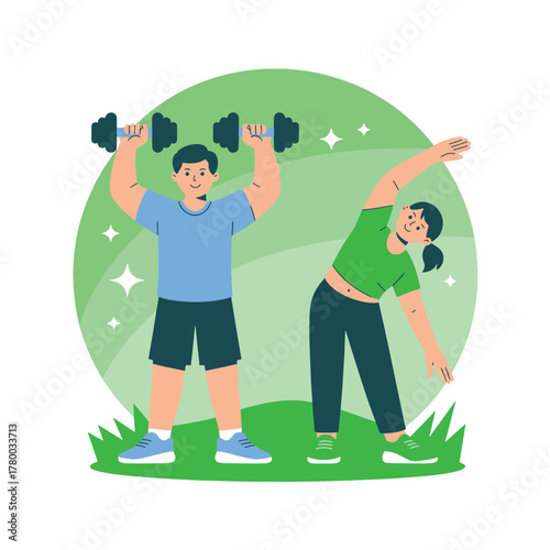 Man lifting dumbbells and woman stretching outdoors exercising and healthy lifestyle