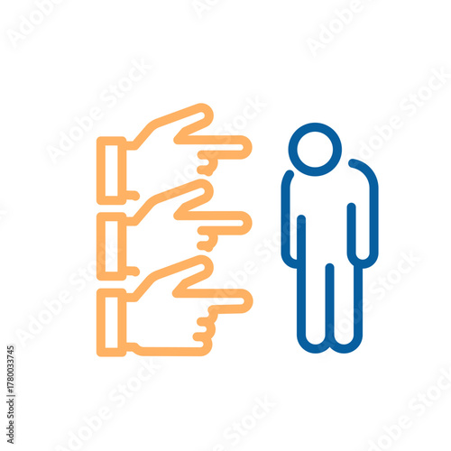 Hands pointing finger at a person. Blame, bullying and exclusion icon. Vector thin line illustration with editable stroke.