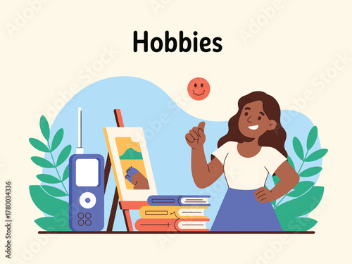 Illustration of hobbies with woman painting and walkie talkie vector