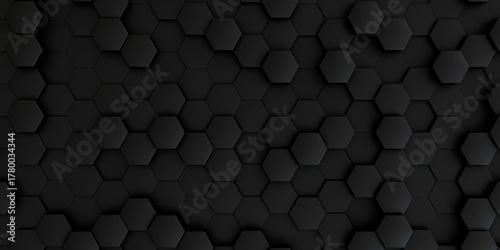 An immersive and sleek abstract dark background presenting a uniform, matte black honeycomb pattern with subtle three-dimensional depth and volumetric lighting.