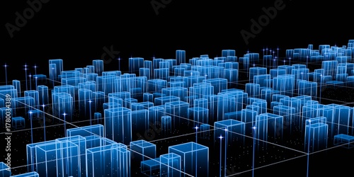 A luminous perspective view of a futuristic digital cityscape featuring transparent blue wireframe buildings on a data grid against a stark black background.