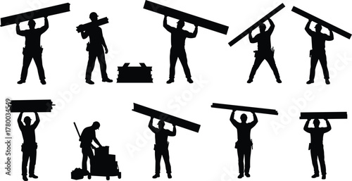 Construction worker silhouette, manual labor, industrial task, carrying planks, pushing cart, toolbox, teamwork, job site, physical work, building process