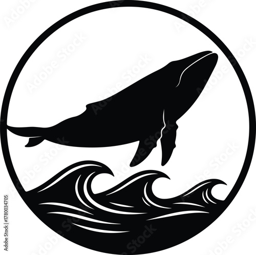 Vector breaching whale over ocean waves inside circle silhouette illustration