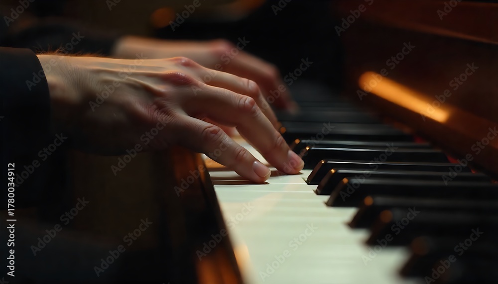 Fototapeta premium Elegant hands playing piano, creating beautiful music in a warm, atmospheric setting for commercial projects