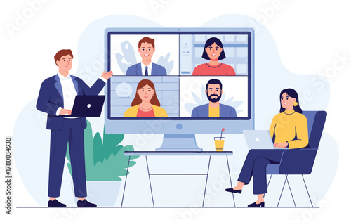 Virtual Team Meeting Collaboration and Communication Technology Illustration Business Concept