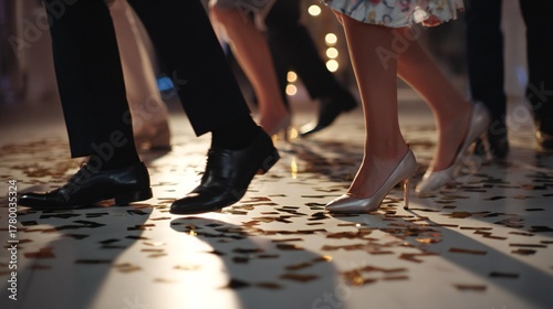 Elegant feet of diverse individuals dancing on a festive floor covered with golden confetti, creating a lively atmosphere of celebration and joy during a special event
