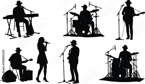 Silhouette musicians performing live concert, band with singer, guitarist, drummer, keyboard player, acoustic guitar, microphone setup, stage performance, music group,