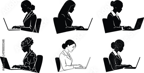 Businesswomen silhouette typing on laptop computers, office desk workspace, professional female employee remote job productivity, digital work technology focus scene illustration