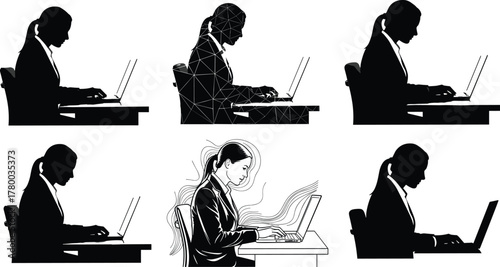 Businesswoman silhouette working on laptop, office workplace typing posture, professional female employee computer tasks, digital work productivity, remote online job focus