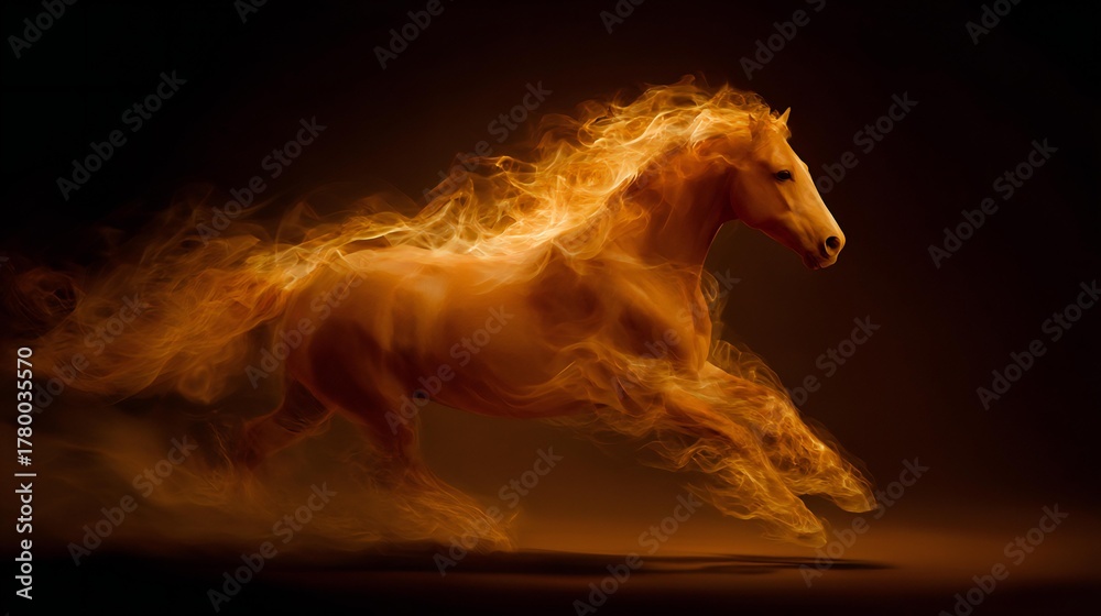 Fototapeta premium Majestic horse galloping through flames, with fiery mane and tail creating a dynamic motion effect, symbolizing strength and freedom in a dramatic artistic representation