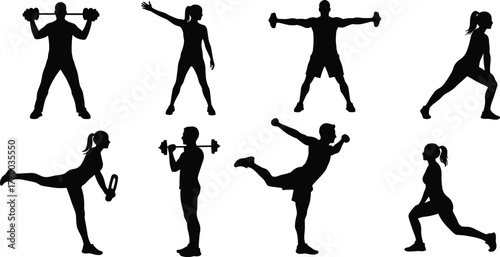 Silhouette athletes performing fitness exercises with dumbbells, workout training poses, strength bodyweight movement, healthy active lifestyle sports activity, gym exercise illustration