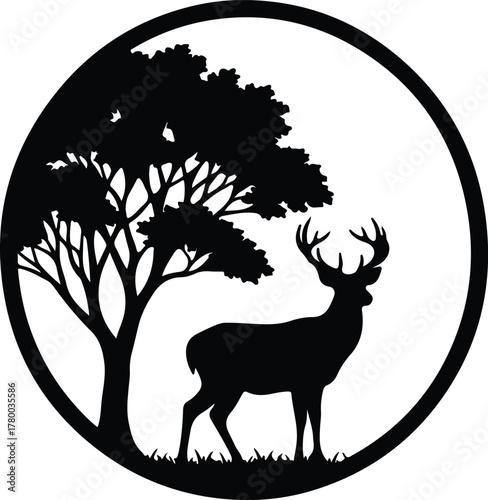 Vector deer standing next to a tree in silhouette illustration