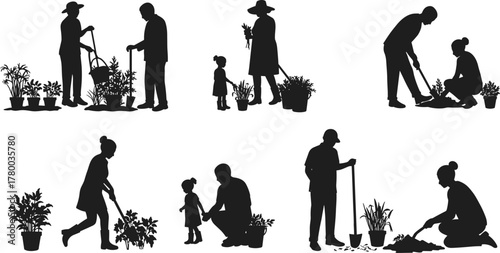 Silhouette gardening people working with plants, digging soil, watering garden, family teaching child, outdoor nature activity, environmental care, agriculture lifestyle