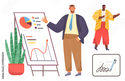 Professionals discuss data on a flip chart with analytics and graphs. Includes signing, communication. Ideal for business, teamwork, analytics, meetings, strategy, collaboration simple flat metaphor