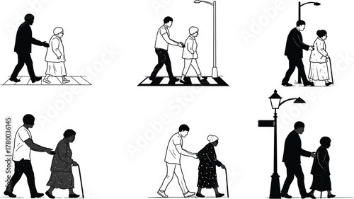 Silhouette and outline illustrations of young caregiver helping elderly woman with cane crossing street, senior assistance support, caring guidance walkway safety