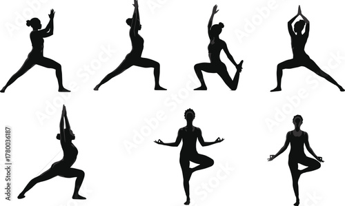 Silhouette yoga women practicing balance and flexibility poses, healthy fitness exercise meditation, elegant stretching movement, peaceful wellness training isolated on white