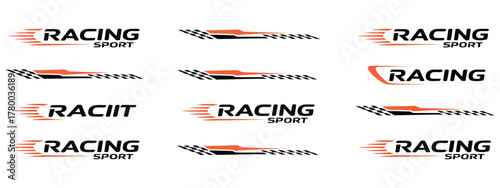 Set of 12 Racing Sport Logos with Speed Lines and Checkered Flags
