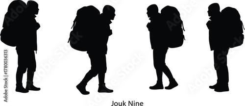 Silhouette traveler backpacker walking standing poses, hiking adventure exploration journey, outdoor trekking camping lifestyle, wanderlust tourism concept,