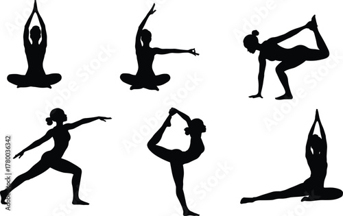 Silhouette yoga women practicing elegant balance poses, flexible stretching meditation workout, healthy fitness lifestyle, artistic body movement exercise isolated on white