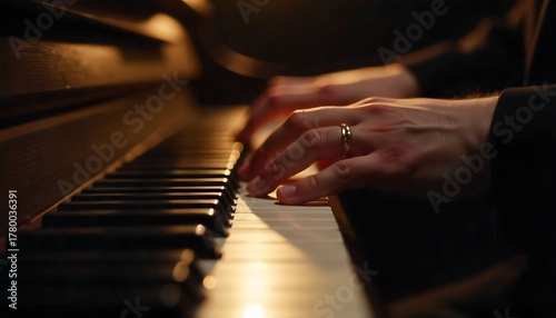 Elegant hands playing piano with golden ring, creating beautiful music in warm, inviting lighting for a sophisticated performance